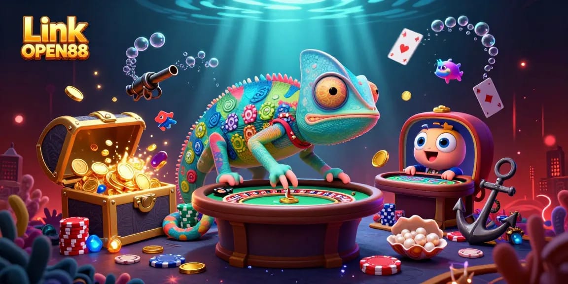 Experience the thrill of casino gaming with Link OPEN88, featuring vibrant chameleon and rich casino elements.