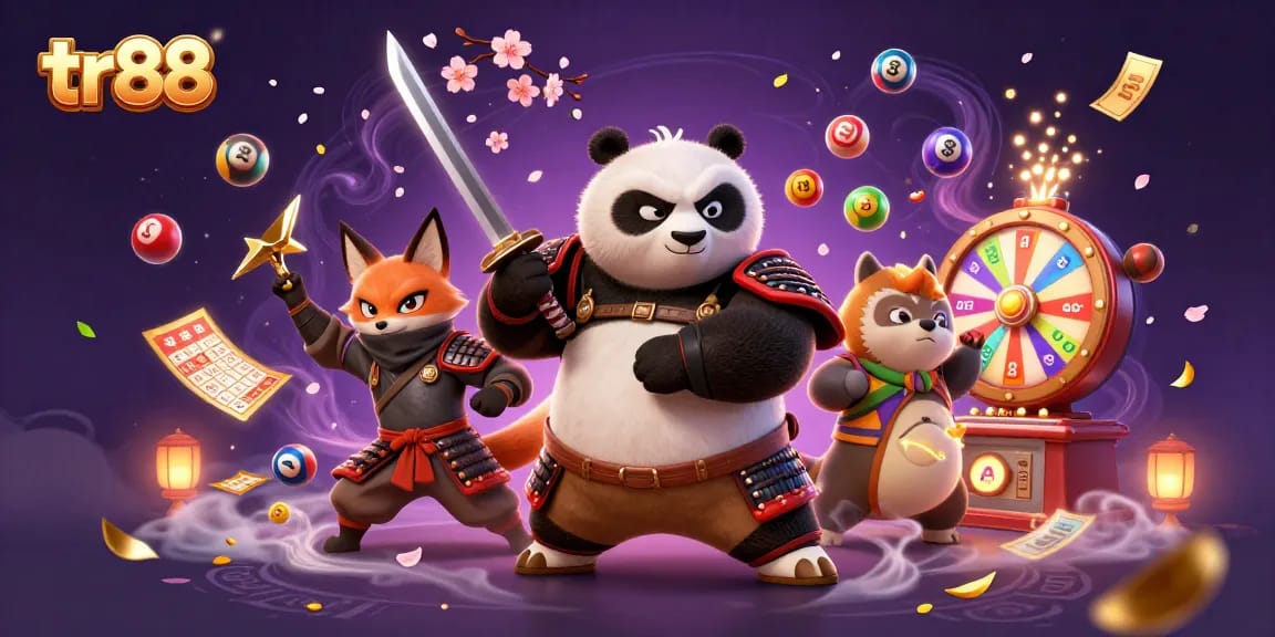 Engage with tr88's exciting online action featuring a dynamic samurai panda and colorful gaming elements.