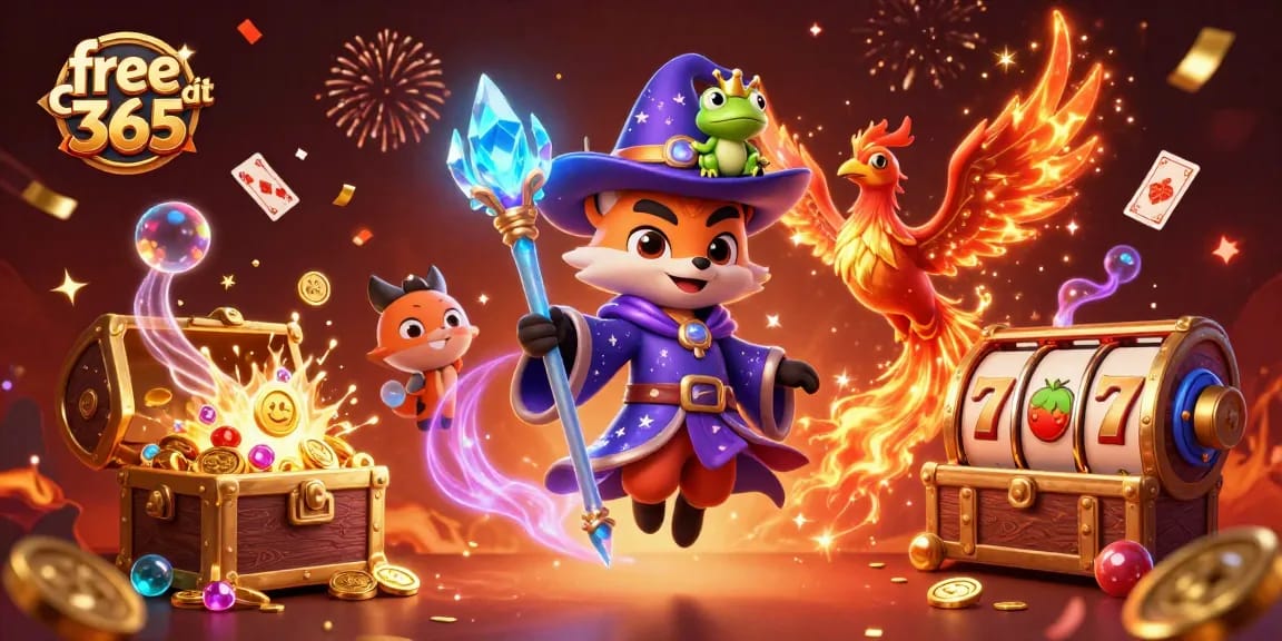 Win big with free credit 365 in this vibrant casino scene filled with magical elements and slot game excitement.