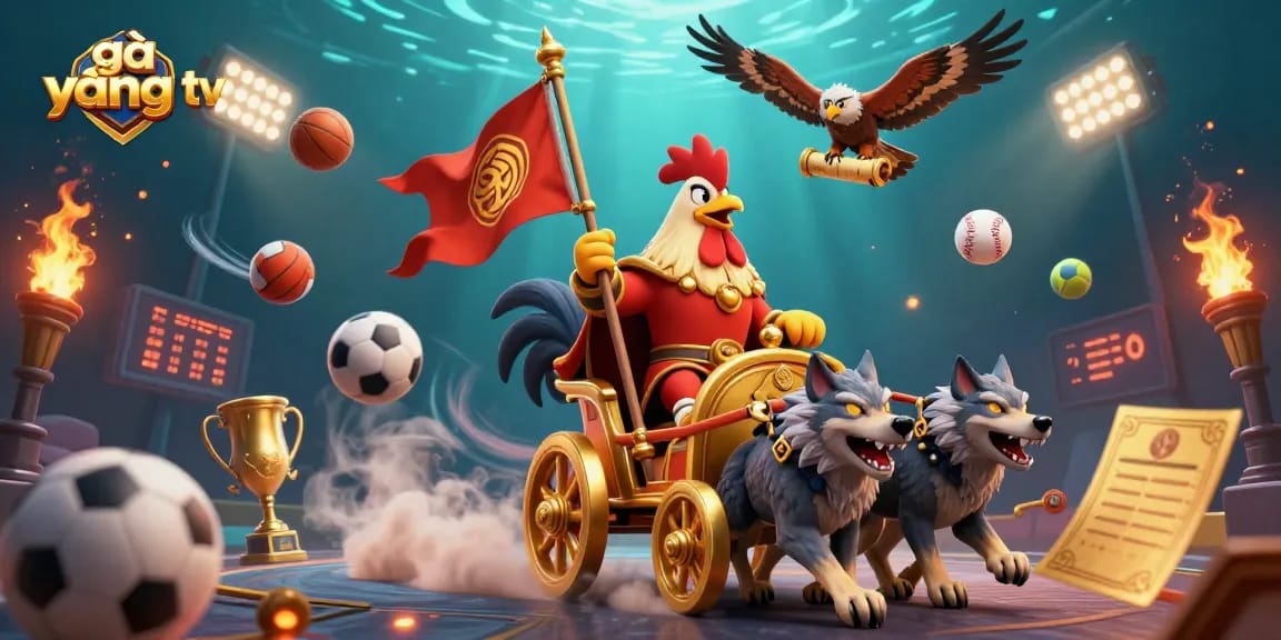 Engage with gà vàng tv in a vibrant scene featuring a 3D rooster warlord and dynamic sports elements.