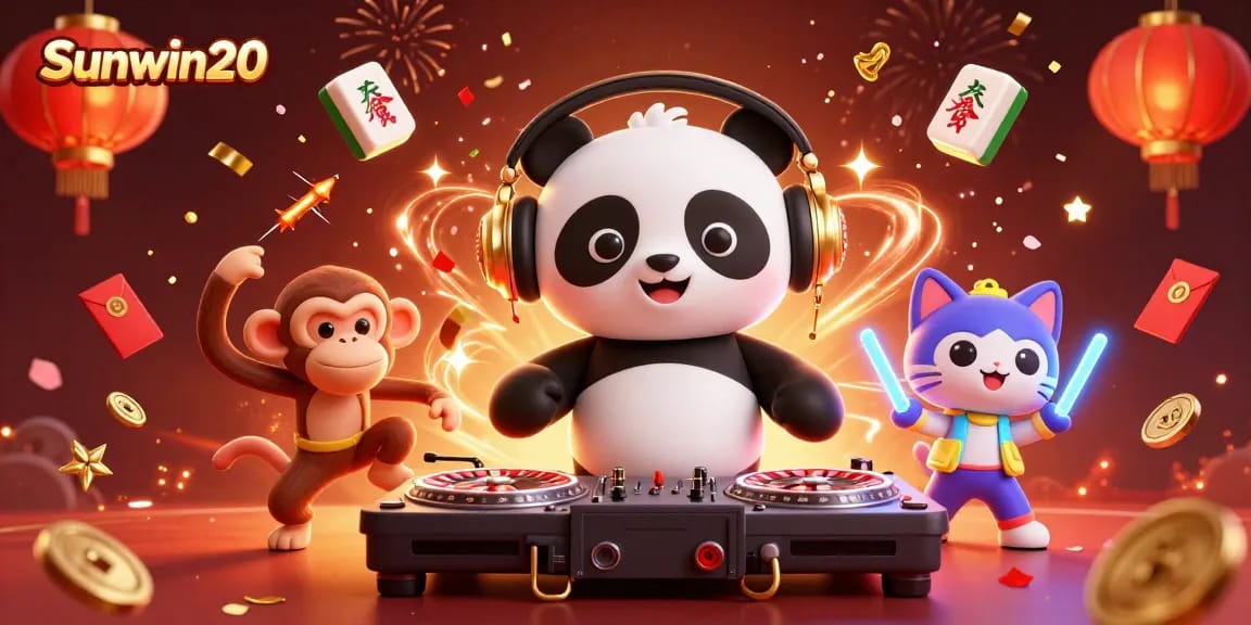 Sunwin20 showcases vibrant casino elements featuring a 3D DJ panda in a lively party scene.