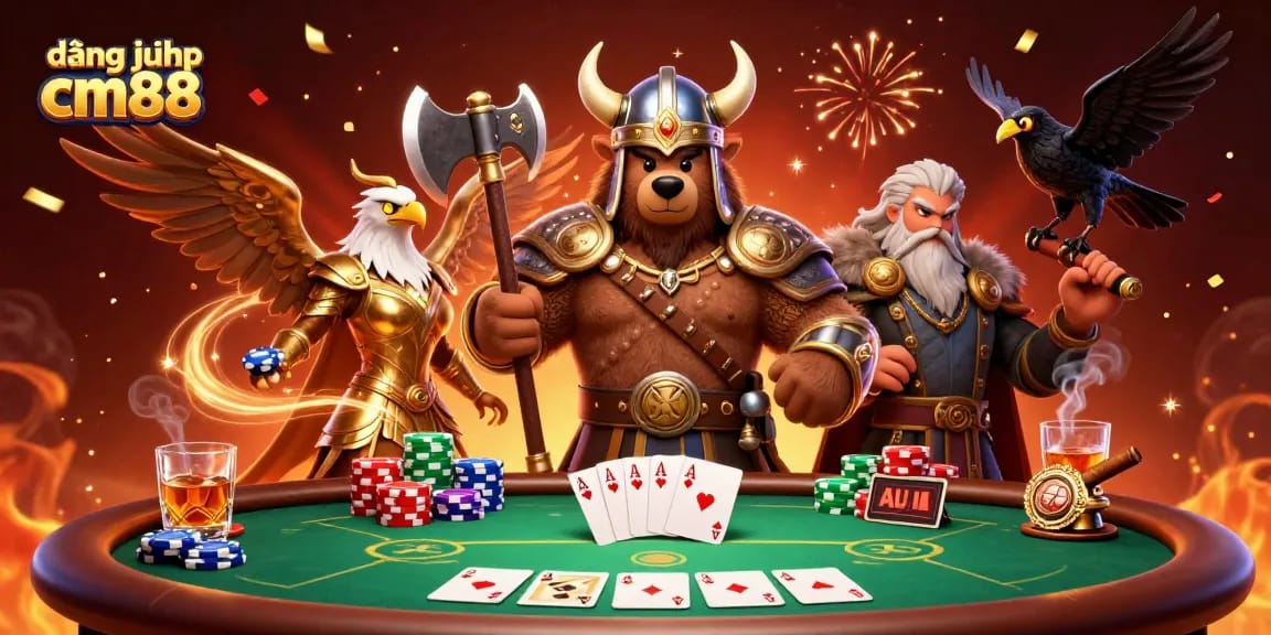 Engage with the vibrant gaming scene of đăng nhập cm88 featuring a Viking bear and Valkyrie eagle amid poker action.