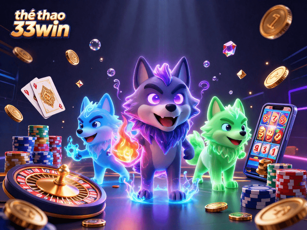 Experience exhilarating thể thao 33win action with a dynamic pack of glowing wolves in a vibrant casino setting.