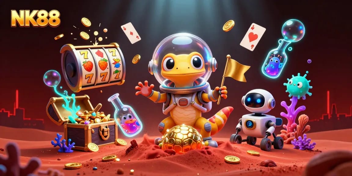 Join NK88's Martian gecko at a winning adventure in a vibrant casino filled with treasures.