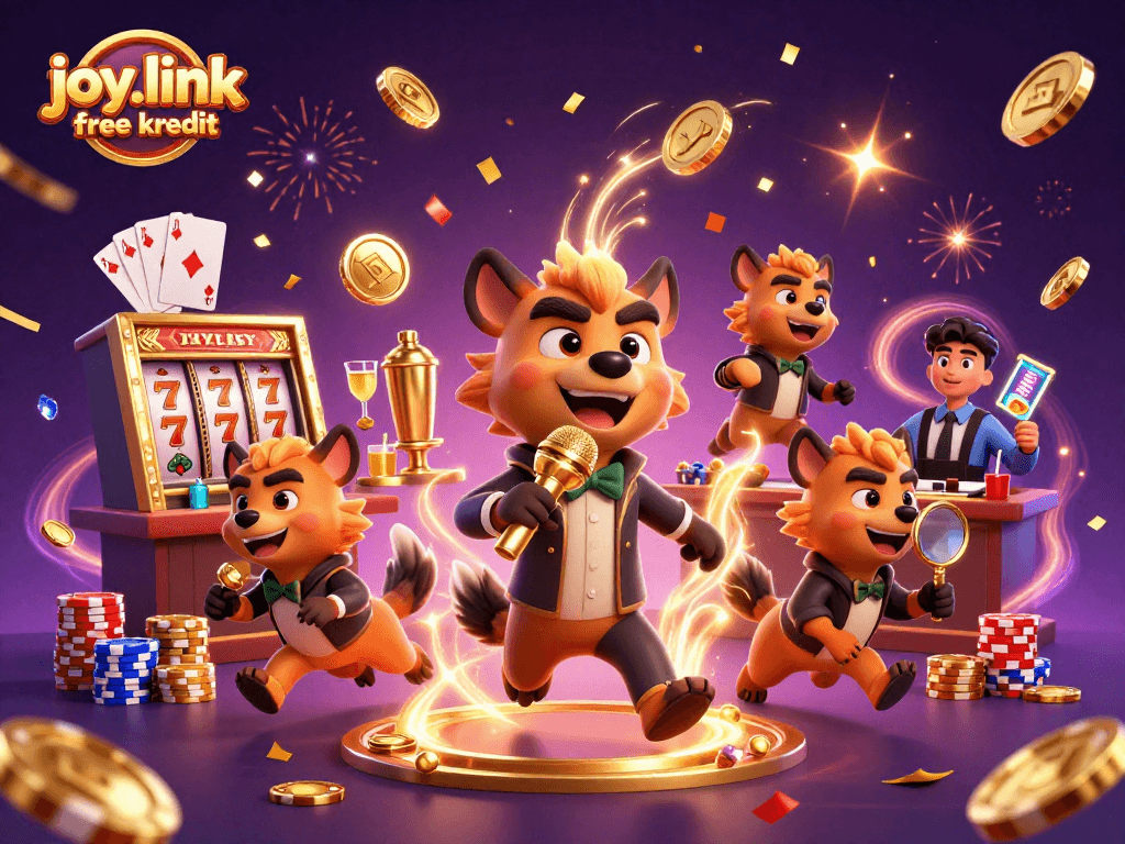 Hyena comedy casino scene celebrating joy.link free kredit with sparkling coins and vibrant gaming elements.