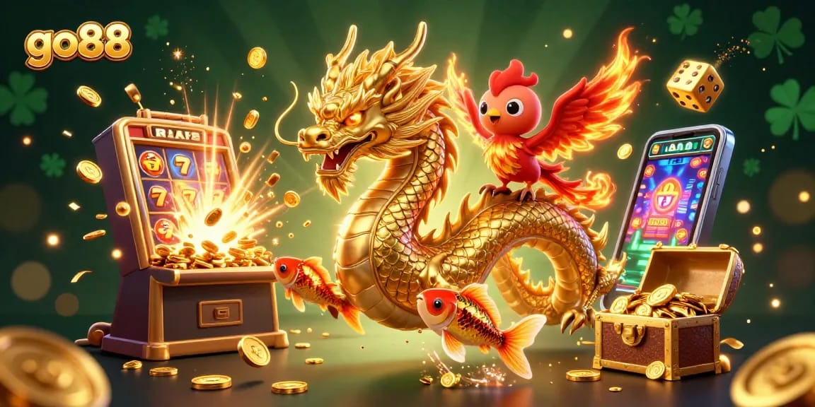 Win big with go88 in this vibrant 3D casino scene featuring dragons and slot machines.
