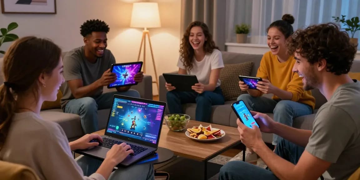 Engaged players enjoy the excitement of play porn games online on multiple devices in a cozy living room.
