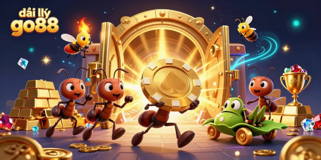 Engaging scene of đại lý go88 with animated ants seizing a giant poker chip, bursting treasure vault and dazzling gems.