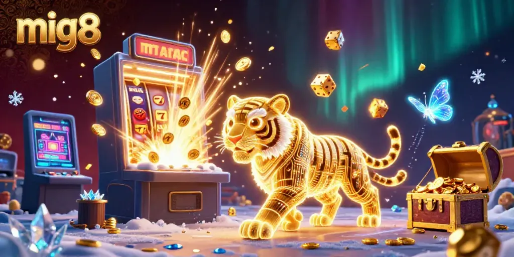 Experience the excitement of winning at mig8 in a vibrant 3D casino scene filled with dynamic elements and treasures.