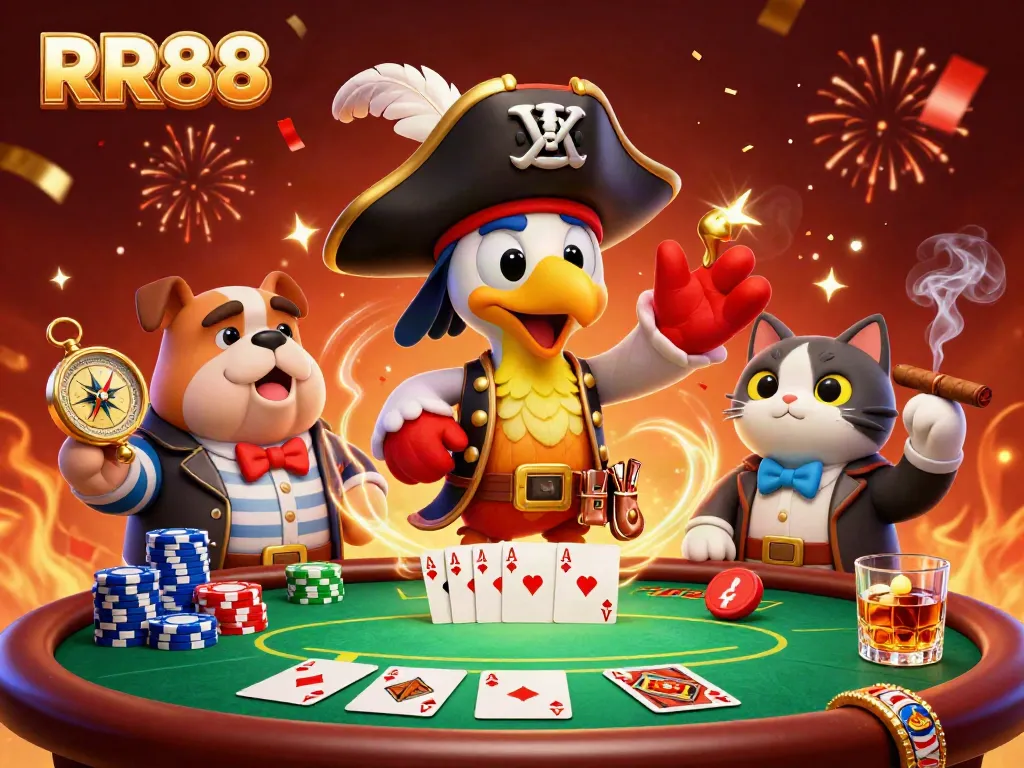 Join the fun at RR88 with pirate characters celebrating at a poker table, surrounded by colorful chips and festive confetti.