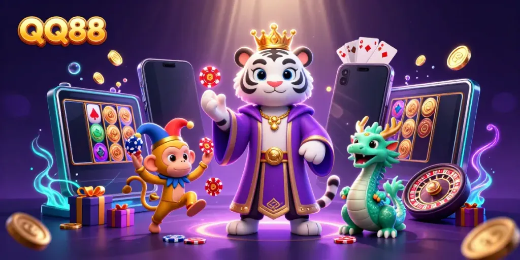 Engage with QQ88's vibrant casino world, featuring playful characters in a colorful gaming scene.