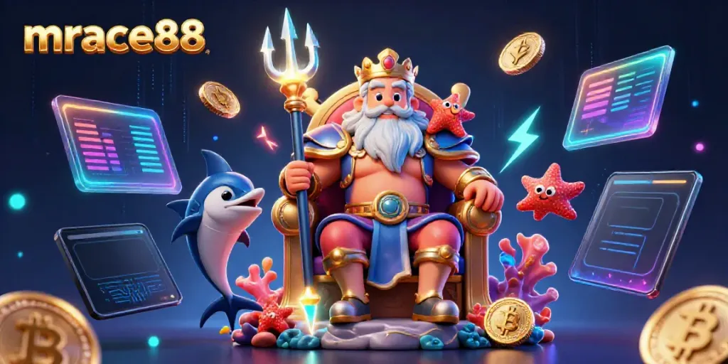 Experience mrace88 action with Neptune, currency coins, and vibrant gaming elements in a tropical ocean.