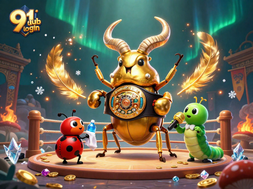 Win big with 91 club login; a vibrant casino scene featuring a giant beetle and ladybug in action.