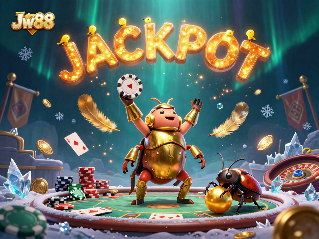 Experience Jw88 excitement as a hercules beetle lifts a poker chip in a vibrant casino scene.