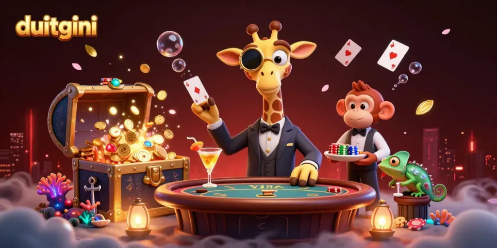 Engage in exciting games with Duitgini's vibrant casino characters in a dynamic illustration.