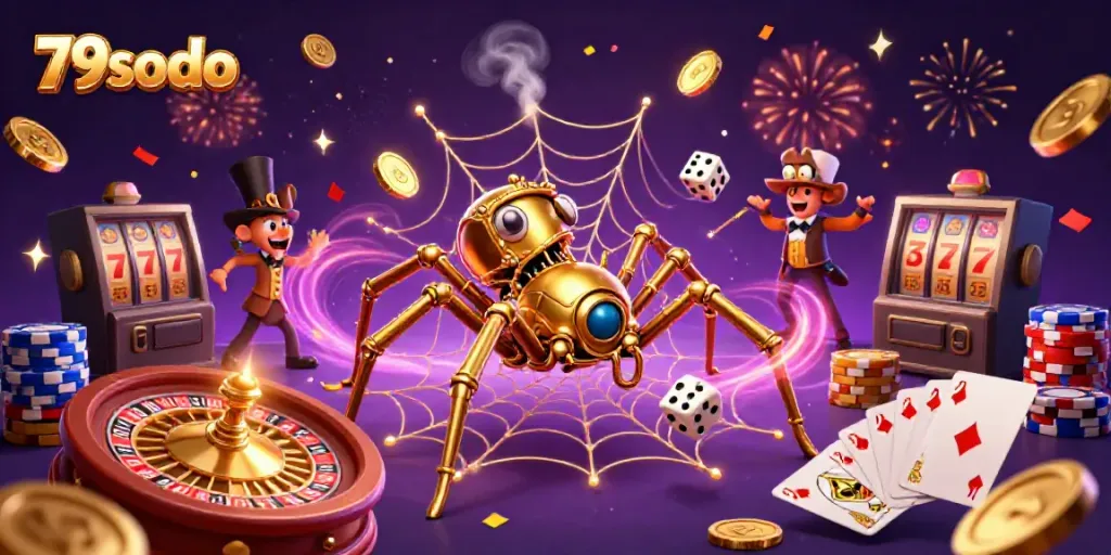 Experience the world of 79sodo with a captivating illustration of a steampunk spider and a gentleman in a casino-themed adventure.