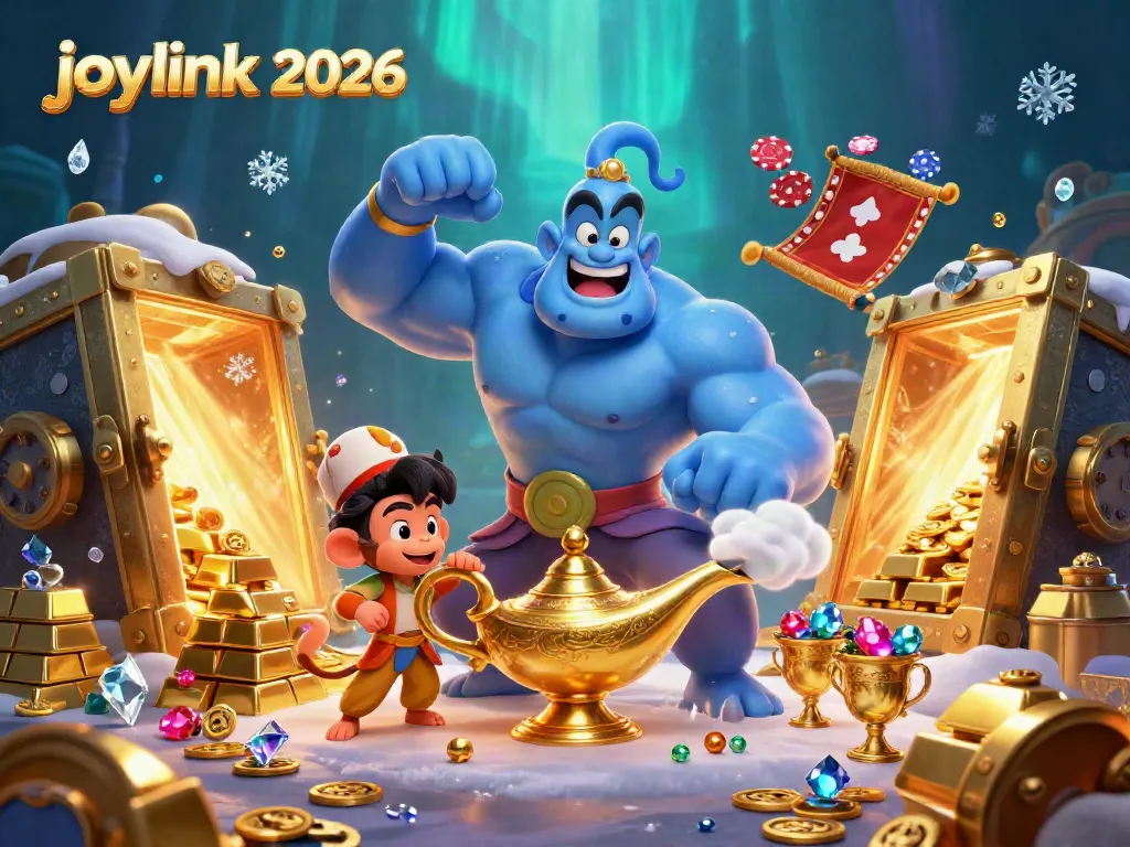 Engage with joylink 2026 as the genie reveals treasures in a 3D casino scene.