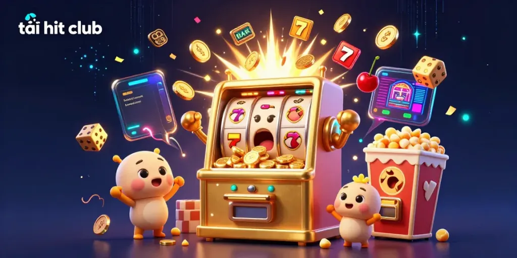 Experience the energy and excitement of tải hit club with a jackpot-winning slot machine surrounded by cheering characters and vibrant casino elements.
