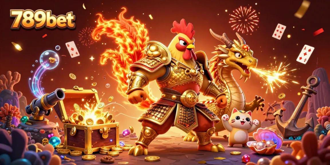 Engage in thrilling action at 789bet with colorful treasure-filled underwater scenes featuring an armored rooster and dragon.