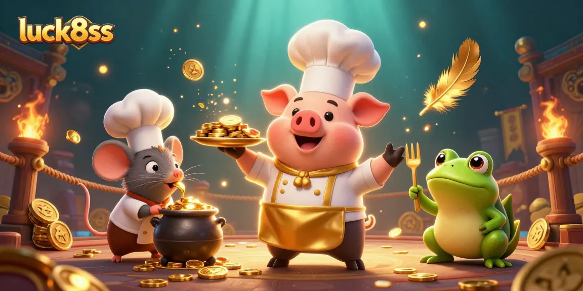 Engage with luck8ss as a cheerful chef pig serves gold coins amid a lively casino scene.