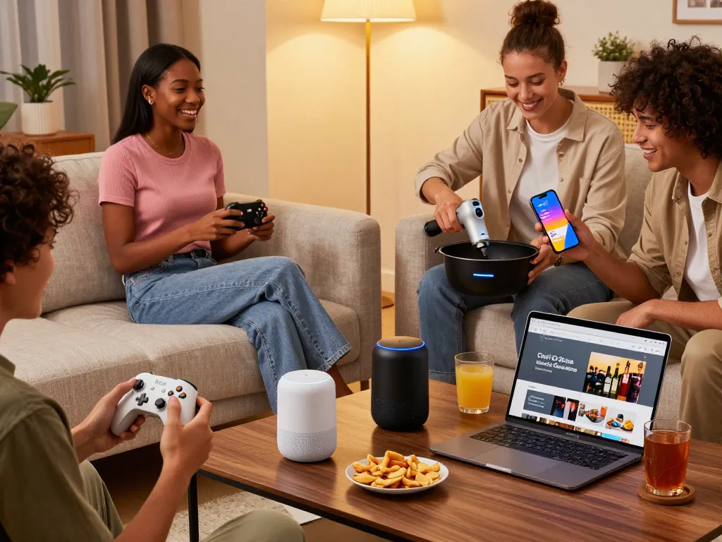 Friends having fun with cool tech gadgets under $152, including the 8BitDo controller and Chef iQ Sense in a cozy living room.