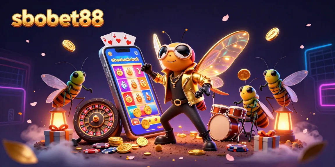 Experience sbobet88 with an energetic 3D scene of a cicada rock star and vibrant casino elements.