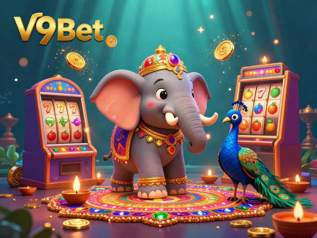 Experience exciting gaming with V9Bet’s vibrant casino games featuring a 3D cartoon elephant and peacock.