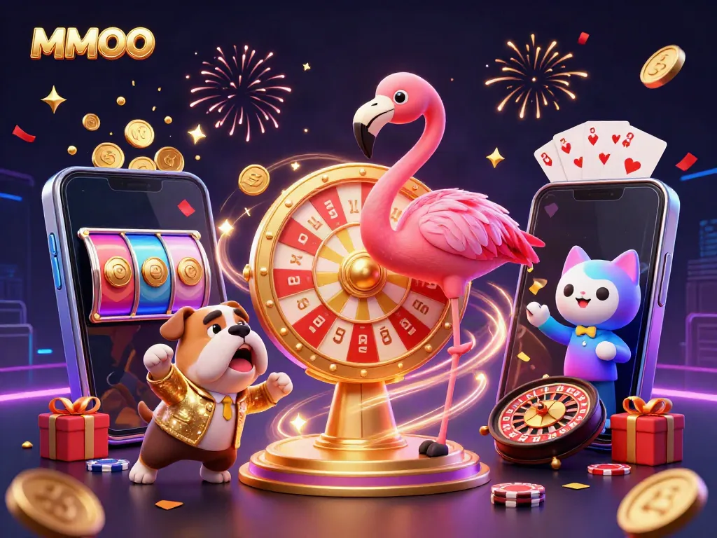 Win big with MMOO in this exciting casino game show scene featuring a vibrant prize wheel.