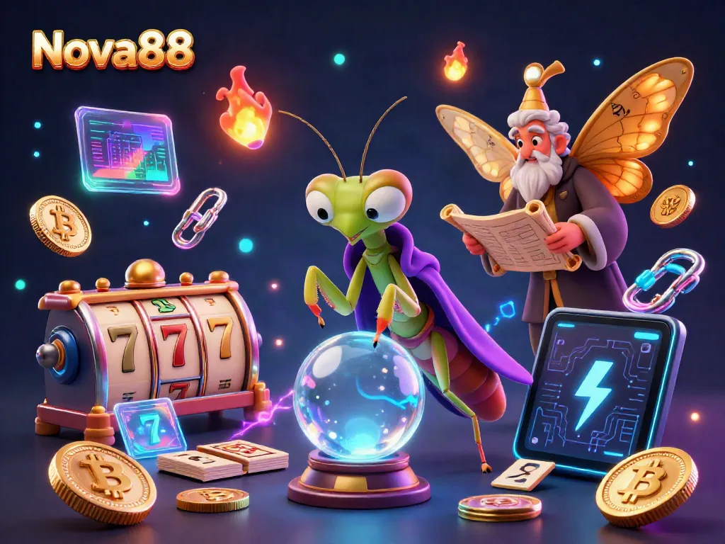 Experience the magic of Nova88 with vibrant 3D casino elements featuring exciting slots, luck, and fortune.
