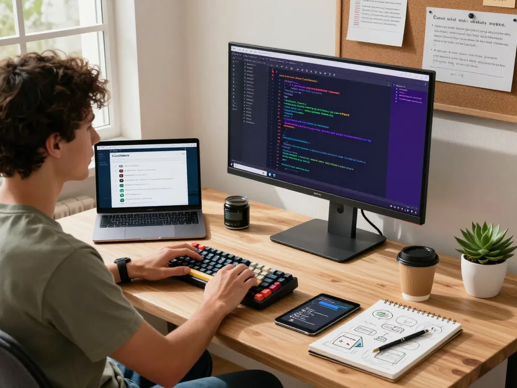 Developer using Clawdbot in a modern workspace with coding and productivity elements.