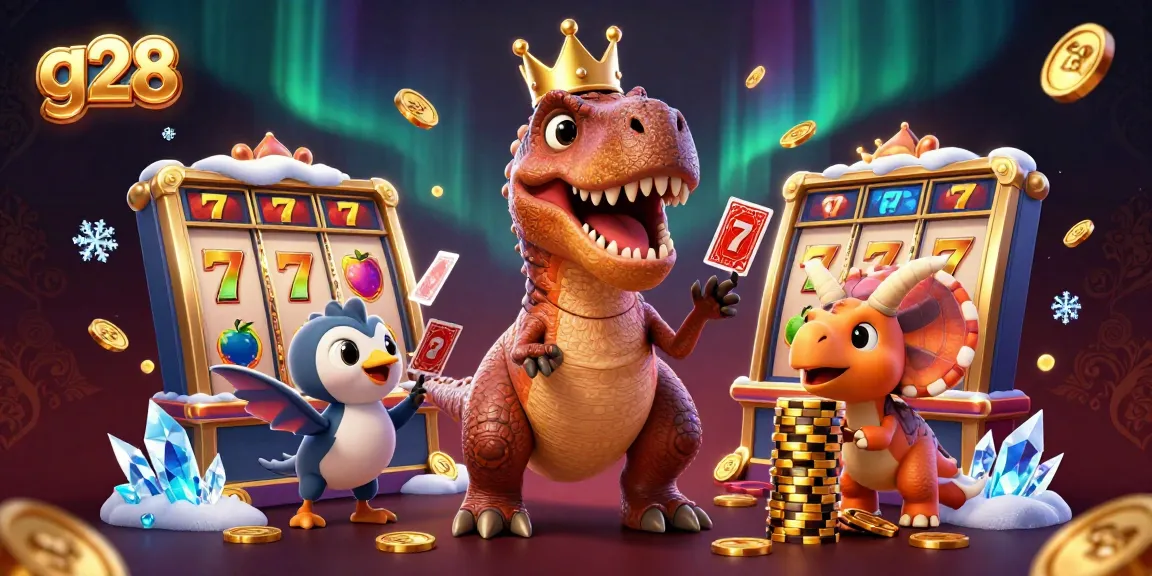 g28 engages players with a fun T-Rex challenging luck at the casino while stacking chips