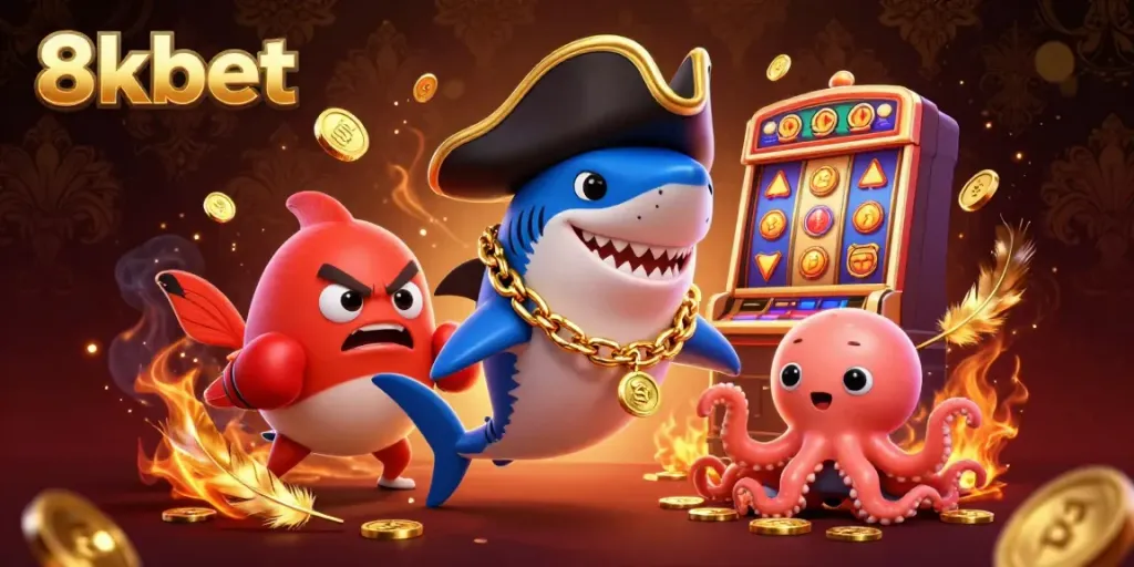 Experience the excitement of 8kbet casino featuring a dynamic pirate shark, pufferfish, and octopus amid shimmering gold coins.
