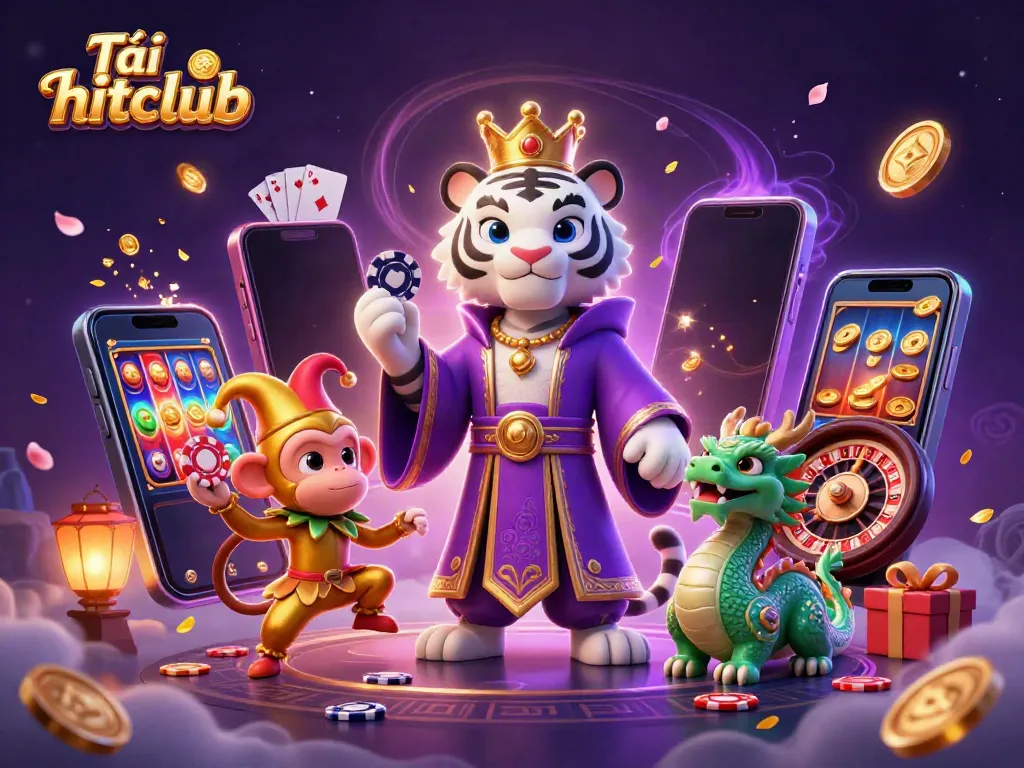Tải hitclub with a cartoon tiger and monkey surrounded by casino elements and vibrant colors
