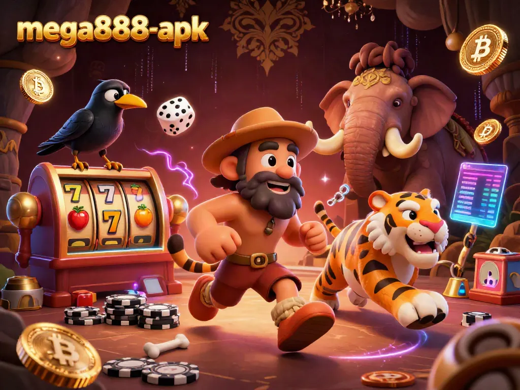 Experience the excitement of mega888-apk with dynamic casino elements, showcasing cavemen and neon effects.