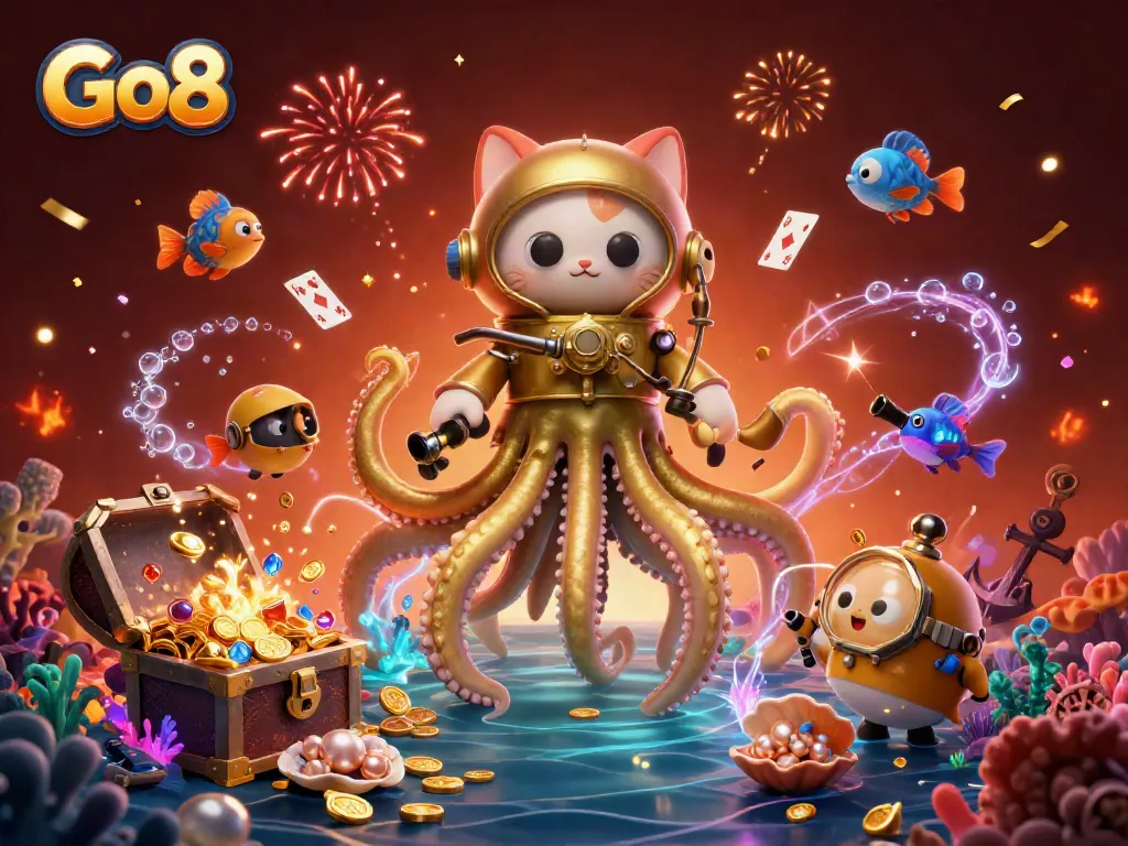 Engage with the Go8 treasure hunt, featuring a kraken and diving cat amid casino-themed aquatic adventure.