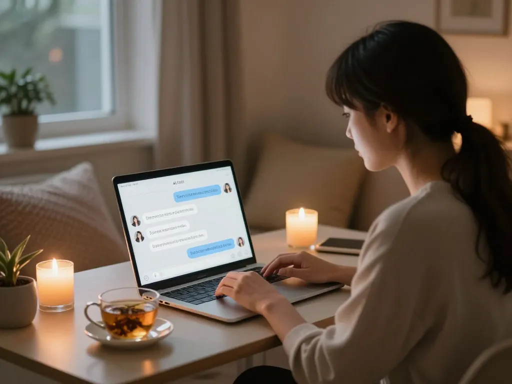 Cozy digital chat environment with ai sex chat interaction on a laptop, creating a warm atmosphere.