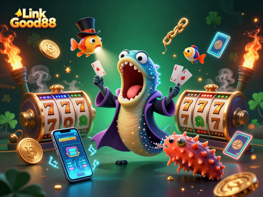 Experience the excitement of Link Good88 as a magical eel performs tricks surrounded by vibrant casino elements.