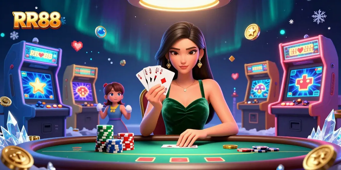 Win big at RR88's luxury poker table with vibrant casino elements and captivating visual effects.