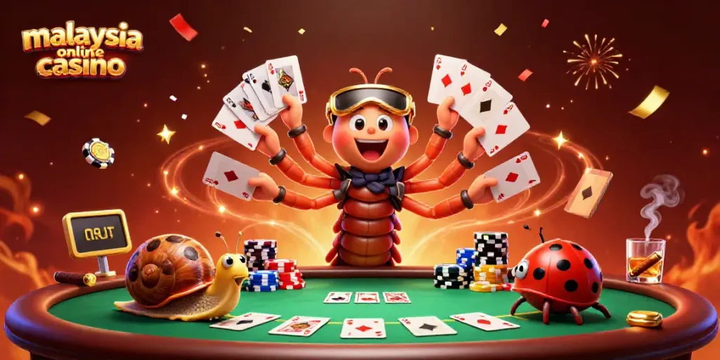 Experience excitement at a malaysia online casino, showcasing a dynamic casino scene with a millipede dealer and high-roller snail.