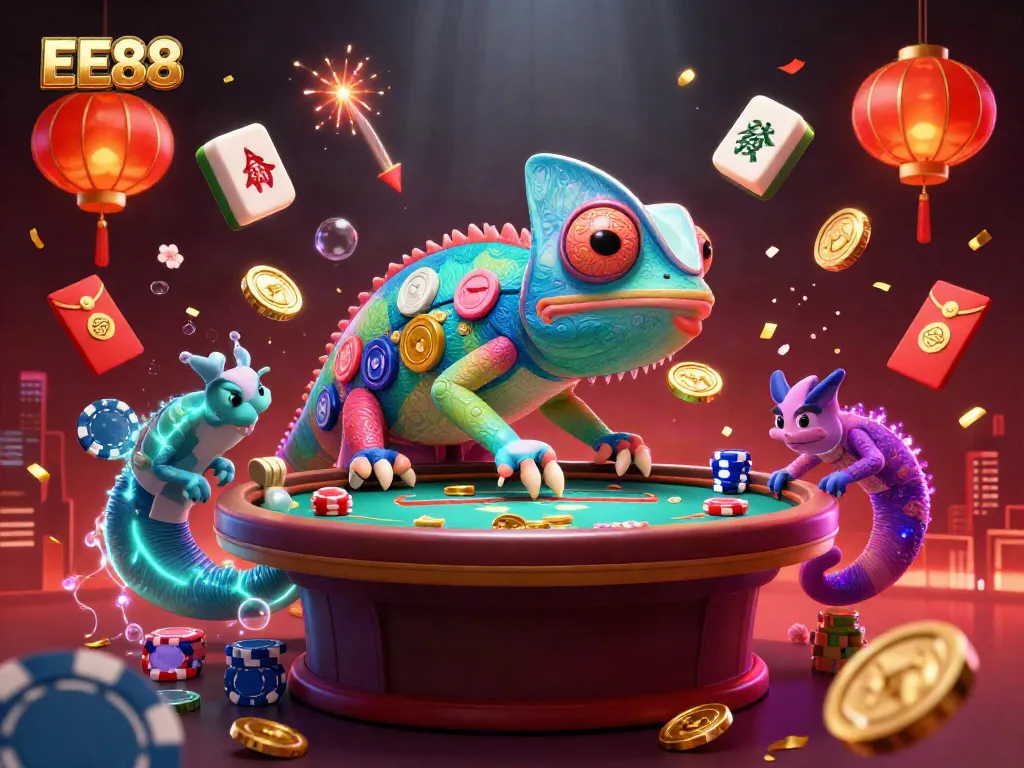 Engage with thrilling gameplay at EE88, illustrated with a vibrant chameleon casino owner and dynamic casino elements.