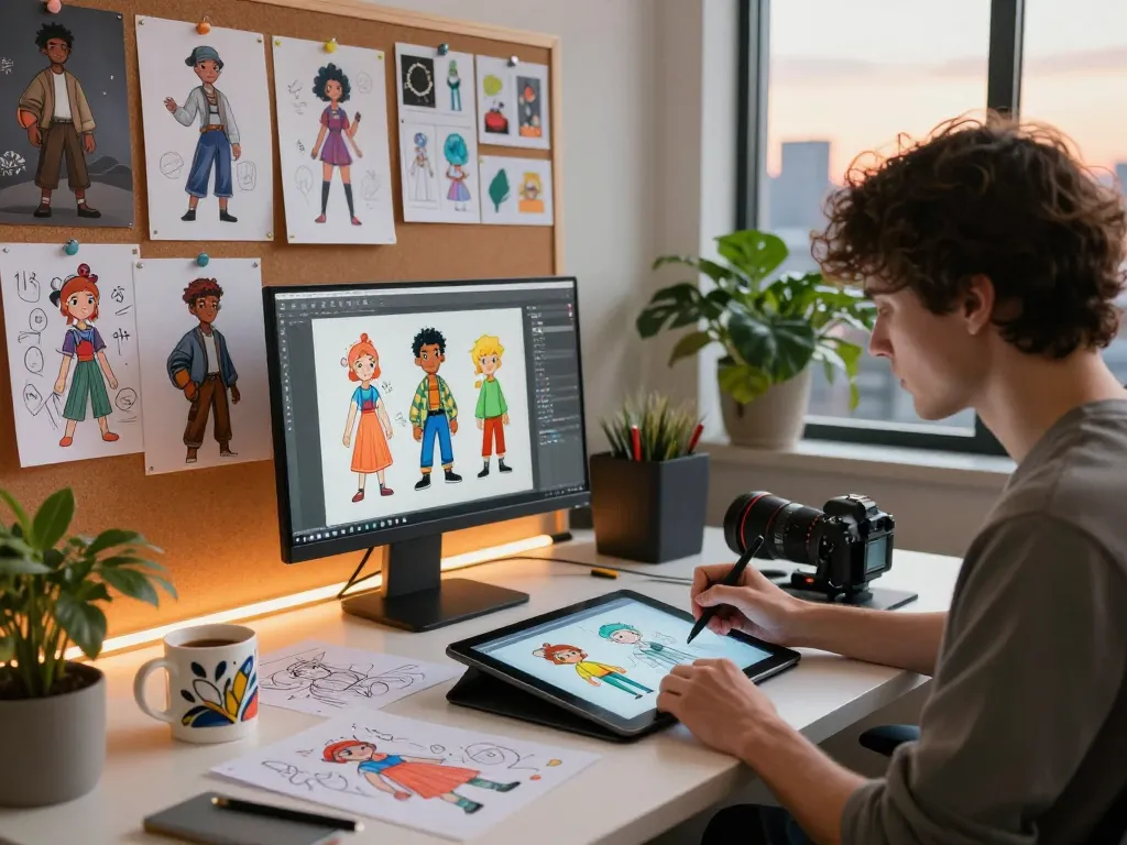 Creative workspace for 18+ ai character design with vibrant digital art tools and sketches.
