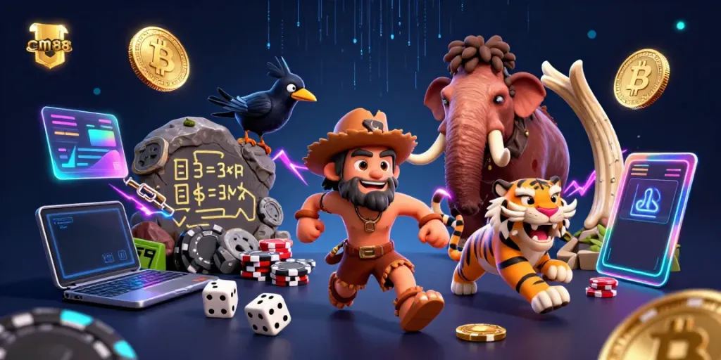 Engage with cm88's vibrant casino scene, featuring a caveman and tiger amidst cryptocurrency elements.