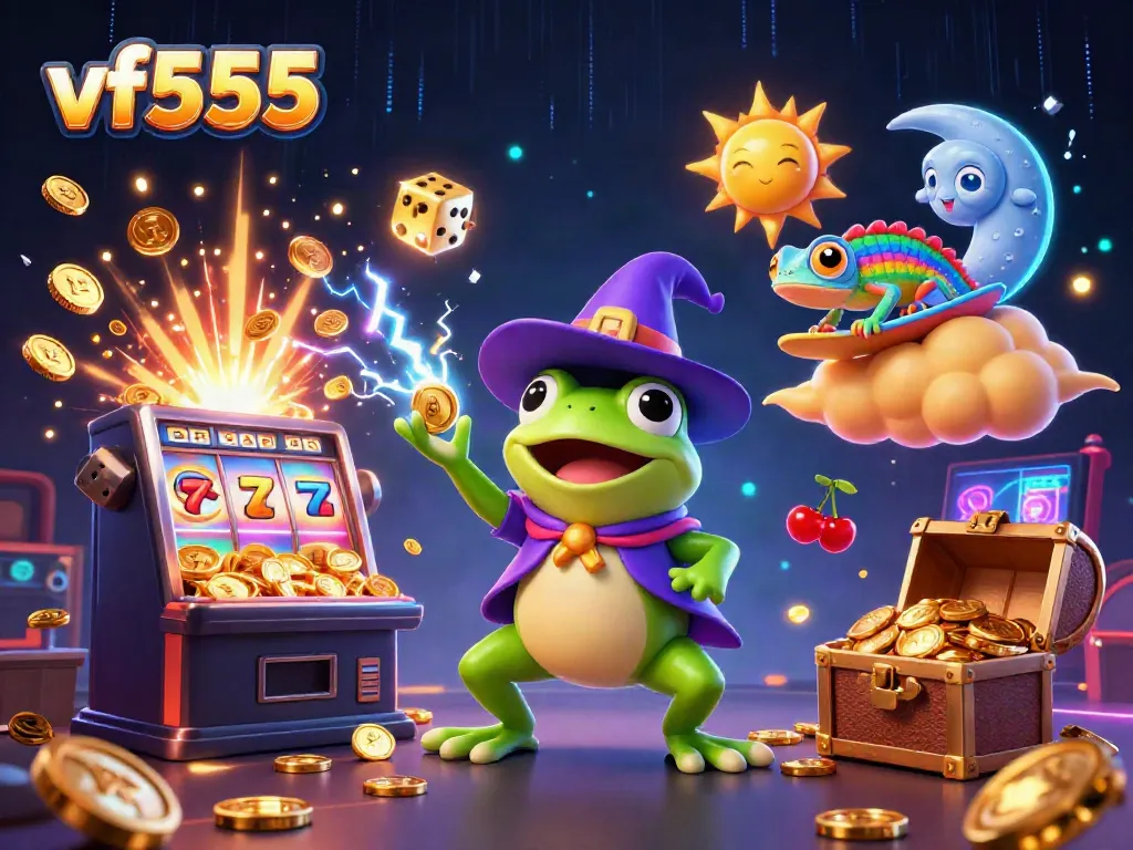 Experience thrilling casino action with vf555 as a wizard frog conjures golden coins in a vibrant 3D scene.