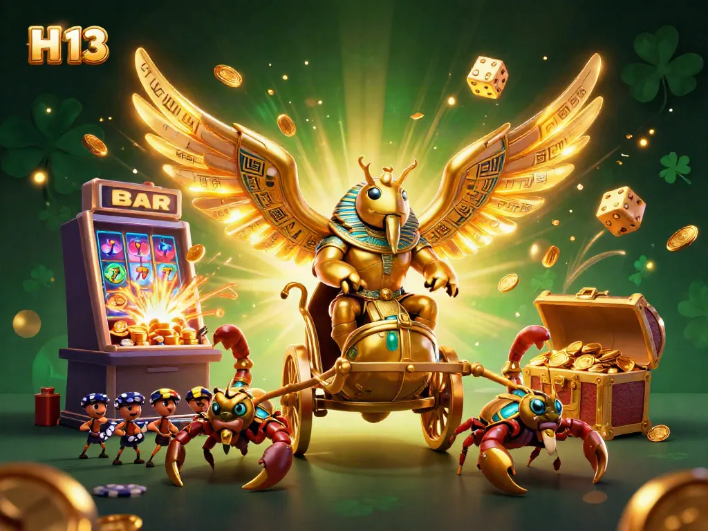 Experience the thrilling world of H 13 as a colossal golden scarab beetle leads a vibrant casino adventure!