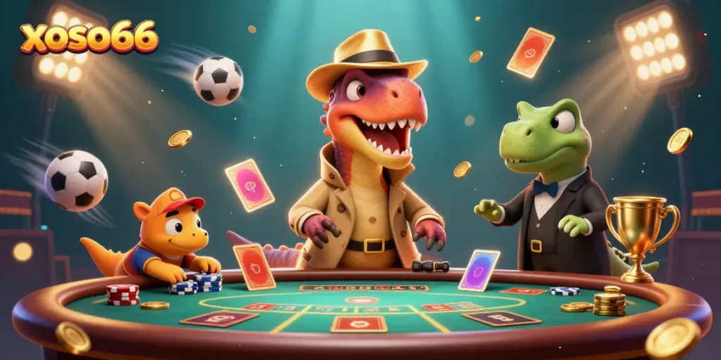 Experience the excitement of xoso66 with dynamic gambling action, illustrated in a colorful casino scene.