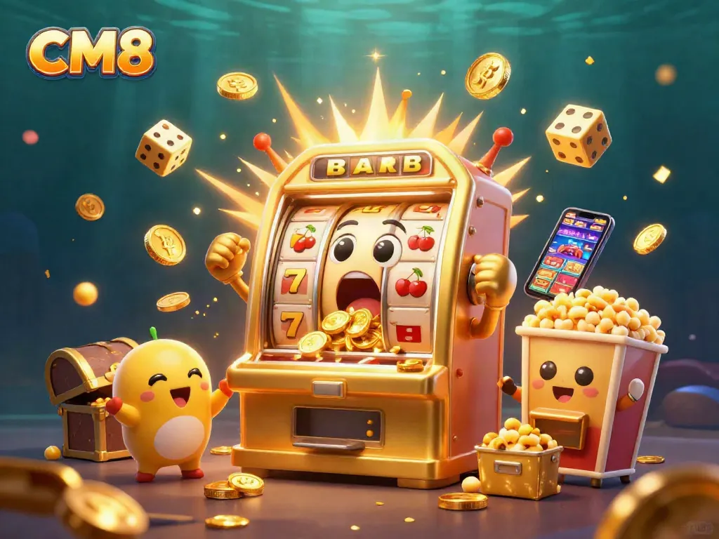 CM8 slot machine celebrates a big jackpot win, surrounded by cheering cartoon machines and golden treasures.