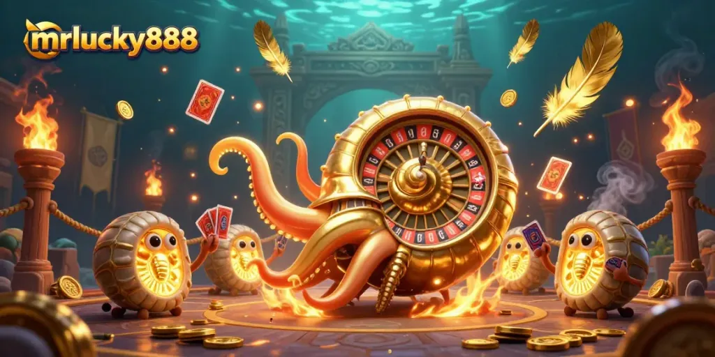 Spin to win with mrlucky888 as a giant nautilus roulette wheel and glowing ammonite companions.