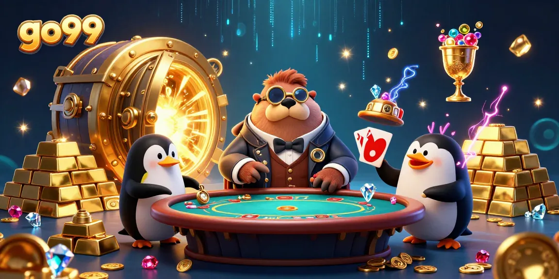 go99 players enjoy a vibrant 3D casino scene with a jolly walrus and a penguin dealer.
