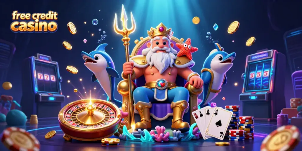 Engaging 3D scene portraying characters and elements of a free credit casino with vibrant games and magical effects.
