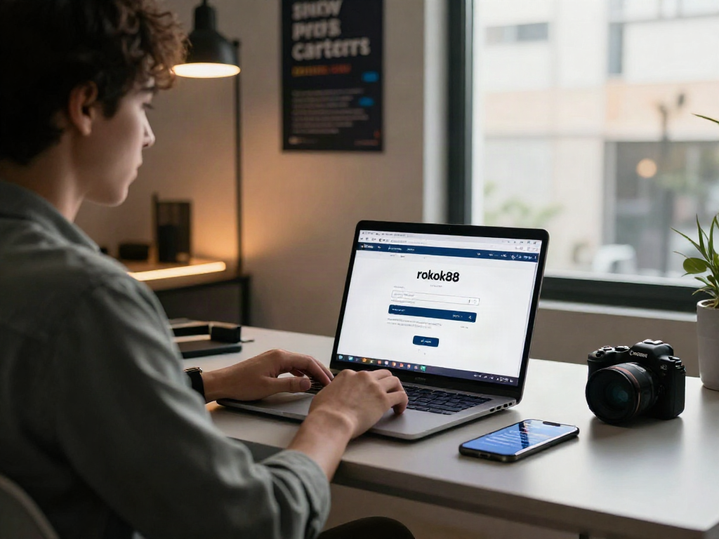 User accessing rokok88 login on laptop in a modern tech workspace, showcasing a productive digital environment.